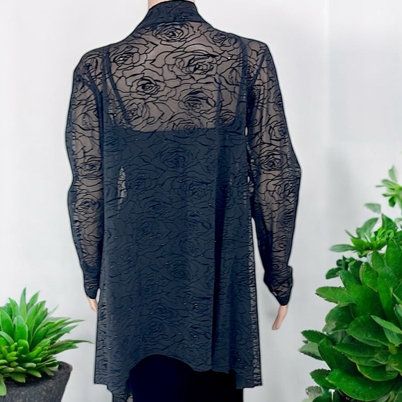 Bianca Nygard Black Sheer Open Front Sparkly Rosette Emboss Mesh Cardigan - Picture 15 of 17